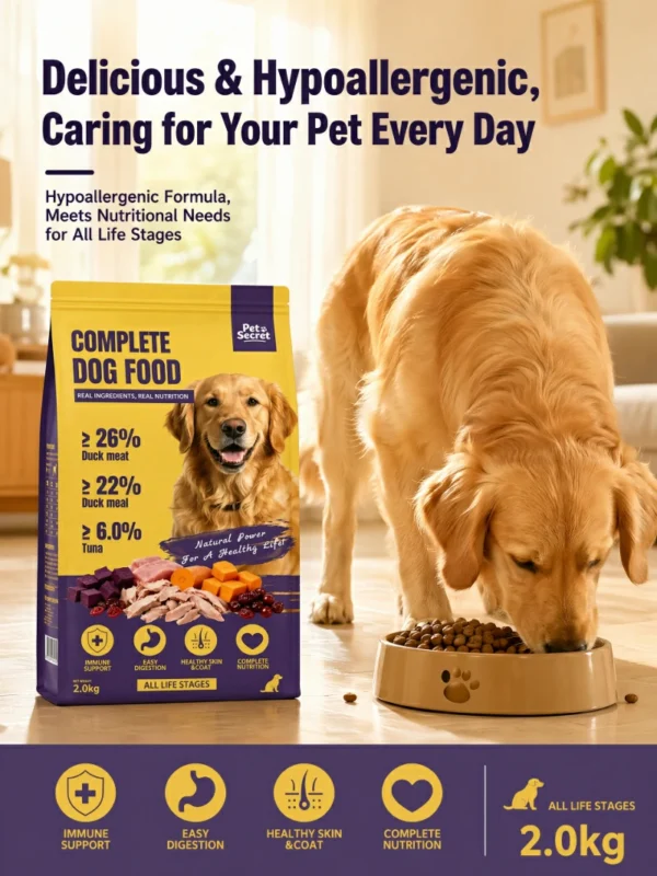 Golden Retriever eating Pet Secret high-protein duck and tuna dry dog food