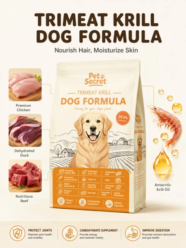 Pet Secret chicken, duck and beef dry dog food with 1% Antarctic krill oil