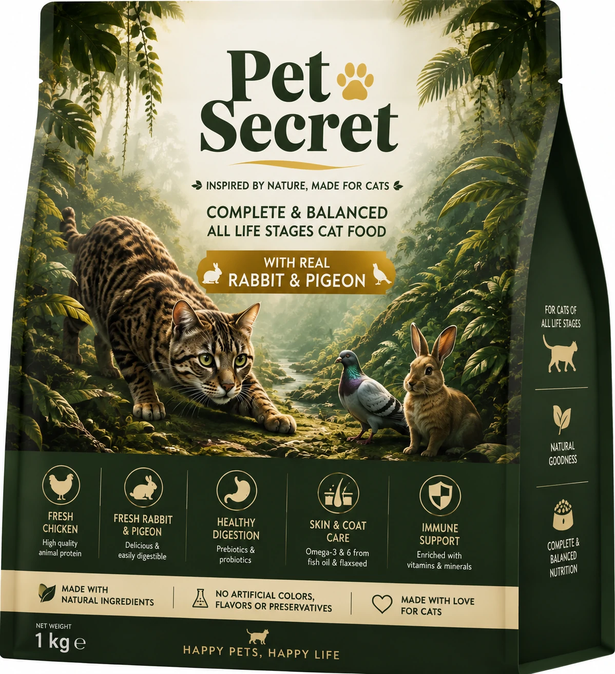 Pet Secret Jungle Exploration chicken, rabbit and pigeon dry cat food in 1 kg packaging